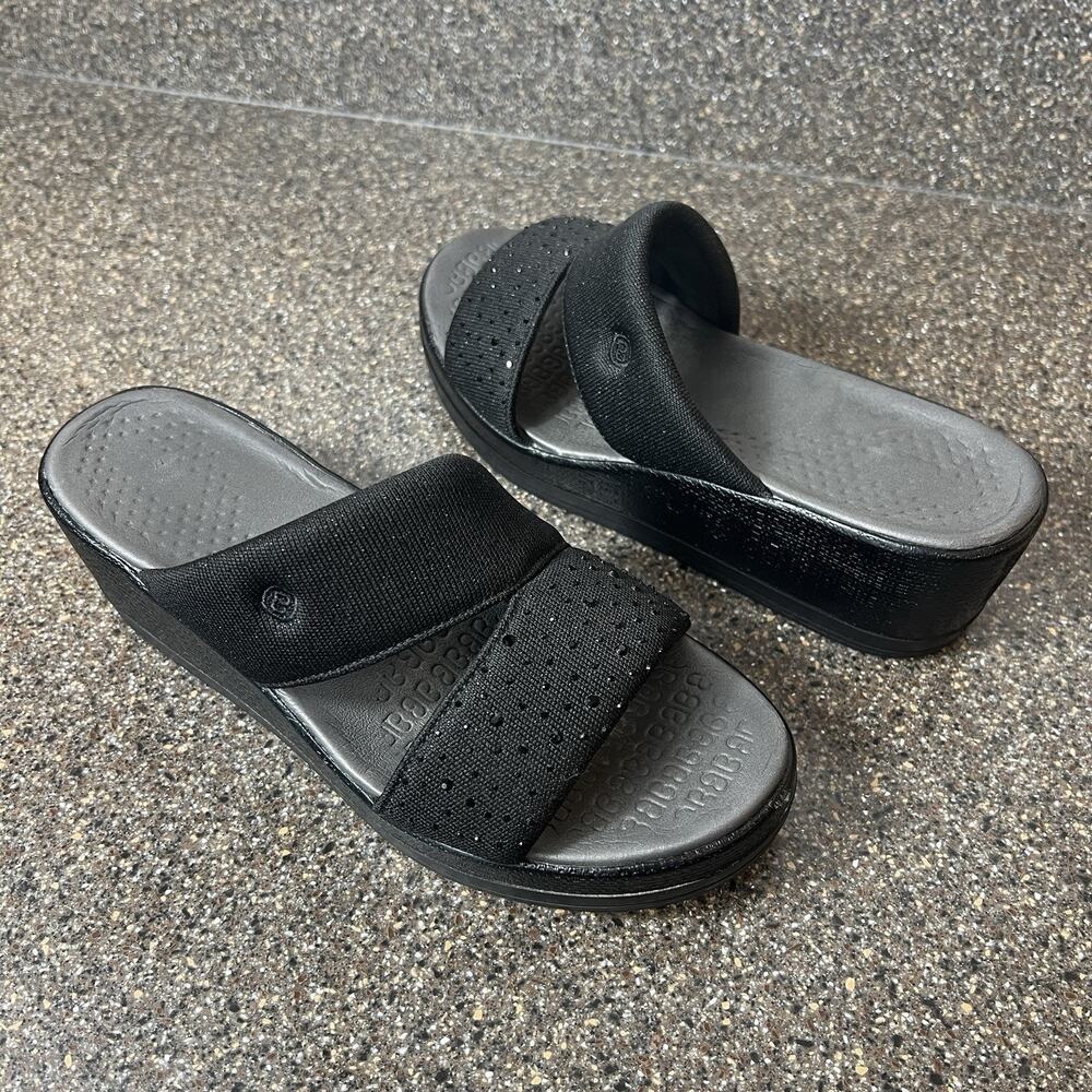 Bzees Sandals Womens Size 8M Black Glitter Fabric Slip On Open Toe Wedge Comfort